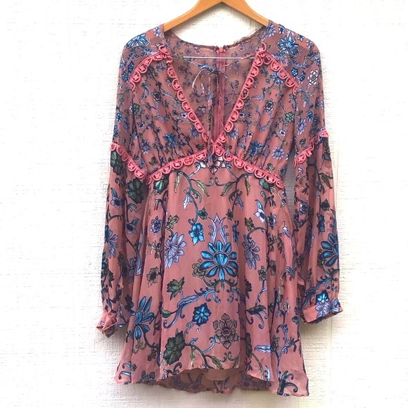 For Love And Lemons Saffron Floral boho 70s style semi sheer mini dress - Picture 1 of 16